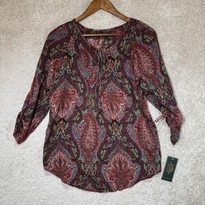 Lauren Ralph Lauren Paisley Peasant Top SZ S Multicolor Boho Tie Sleeve NWT